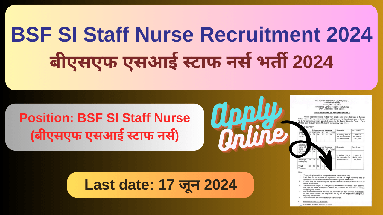 BSF SI Staff Nurse Recruitment 2024: बीएसएफ एसआई स्टाफ नर्स भर्ती 2024, New Opportunities