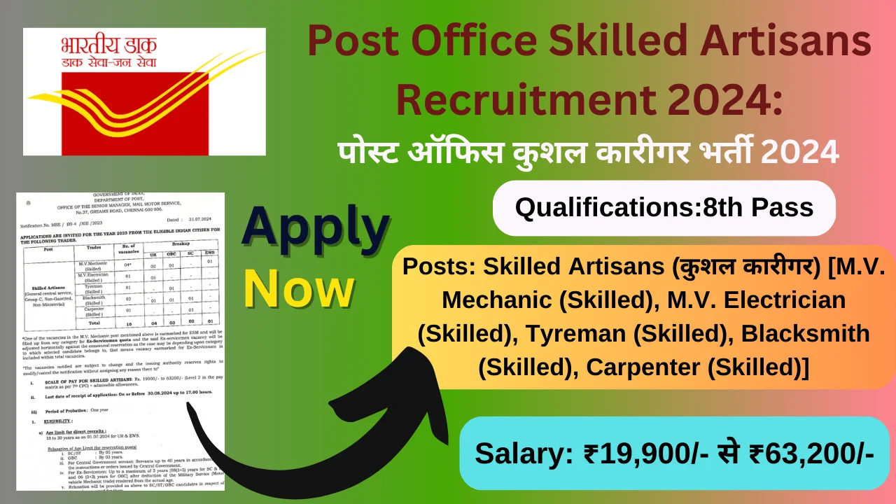 Post Office Skilled Artisans Recruitment 2024: पोस्ट ऑफिस कुशल कारीगर भर्ती 2024, Amazing Vacancies